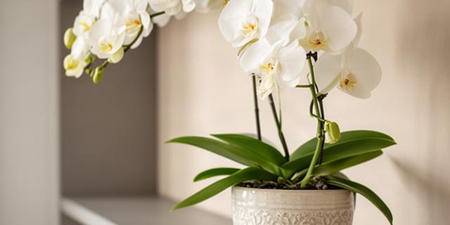 Orchidea Phalaenopsis bianca in vaso decorativo su mensola interna