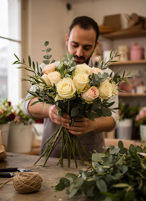 Fiorista che prepara un bouquet con rose e verde mediterraneo nel laboratorio di Cagliari