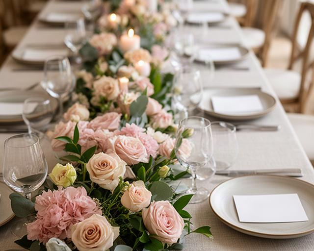 Centrotavola con fiori rosa e foglie verdi su una lunga tavola apparecchiata per un matrimonio