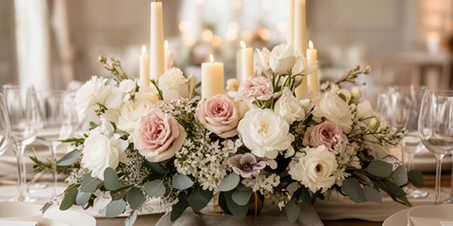 Centrotavola floreale basso con candele per un ricevimento elegante